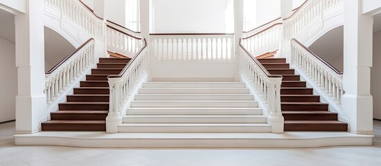 White stairs going both up and down with brown handrails