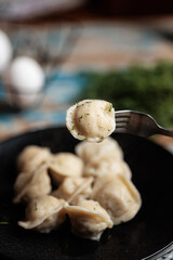 Food photography Russian dumplings with meat