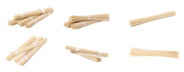 Funchoza.Dried raw rice noodles and rice isolated on white background..Noodles with rice flour. Diet food. Healthy food. Design
