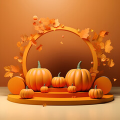Halloween background, pedestal with pumpkins. illustration, AI generation.