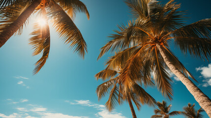 椰子の木と青い空のビンテージ加工写真