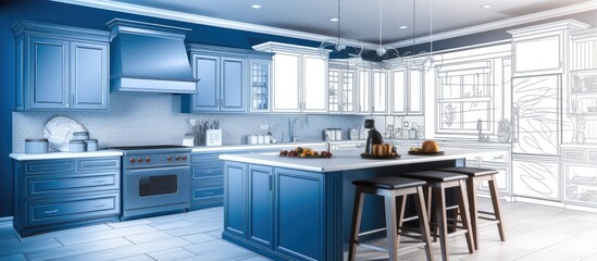 Stunning personalized kitchen design with blue color scheme visualized in a drawing and photo blend