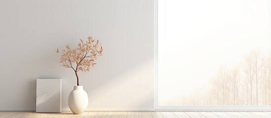 Minimalist white room with decor on wall vase on floor and window showing white landscape Nordic home interior