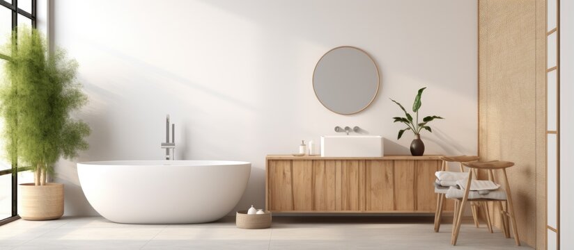 a panoramic bathroom with white and mosaic walls tiled floor comfortable bathtub white sink with wooden cabinet and mirror