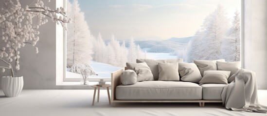 Scandinavian interior design with a fashionable white room sofa and wintry view from the window in a illustration