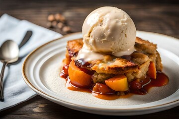 Peach cobbler with homemade cream cheese ice cream on a neutral background created by AI