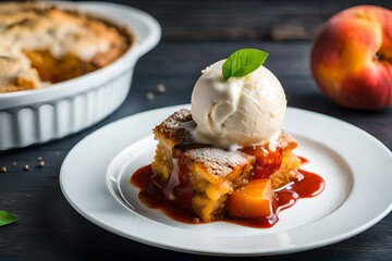 Peach cobbler with homemade cream cheese ice cream on a neutral background created by AI
