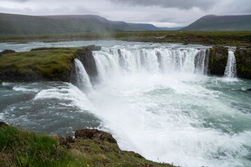 Beautiful Godafoss waterfall in Iceland, wide angle view