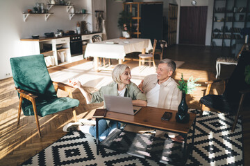Fototapeta na wymiar Cheerful aged couple talking in apartment while using laptop