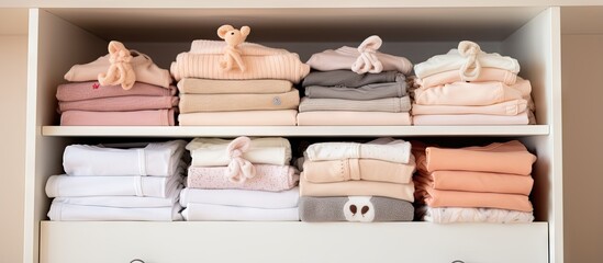 Folded newborn baby clothes stored vertically in a sliding wardrobe inside a neatly organized nursery room - obrazy, fototapety, plakaty
