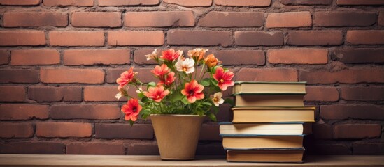 Books placed against a brick wall complemented by lovely flowers