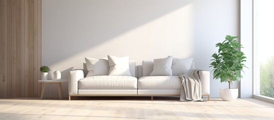 illustration of a bright and simplistic Nordic home interior with a white sofa sunlight streaming onto a wooden floor minimal decor on a large wall and a view of a white landscape through the w
