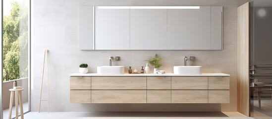 Fototapeta na wymiar Modern home with light and spacious bathroom featuring white ceramic sinks mirrors and glass doors