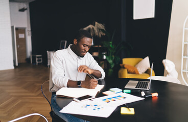 Focused black man working on project at home