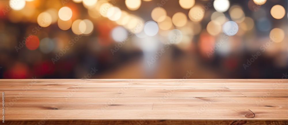 Aufkleber Blurred bokeh or store background seen through a wooden tabletop