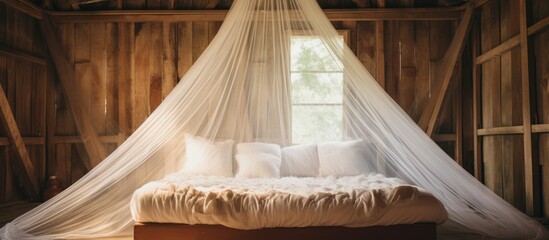 Old style mosquito curtain in a house or hut with a bed adorned with white linen pillows and a mosquito net Antique home decor