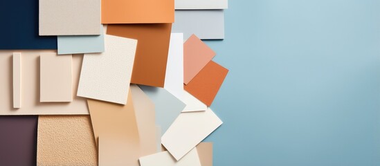 Top view composition of interior design material samples on a colored background
