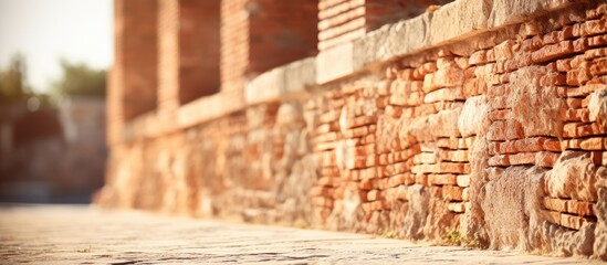 Close up view of Roman brick wall with blurred buildings in background on sunny day Empty area available