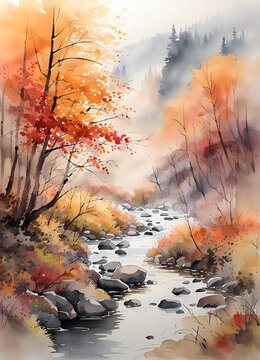 watercolor painting of an autumn forest stream in a modern impressionist style