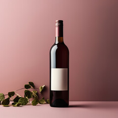 Bottle of red wine on beige studio background. Wine bottle mockup with blank white label, commercial red wine label template