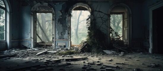 Fototapeta na wymiar Interior of abandoned old house destroyed