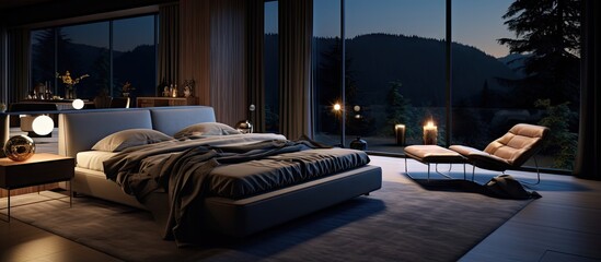 Elegantly comfortable bedroom with a nighttime view