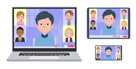 オンラインミーティングをしているお父さんのセット