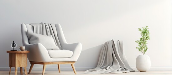a modern bedroom with a designer armchair wooden legs knitted blanket and TV unit nearby