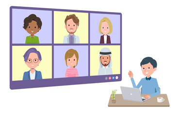 複数人でオンライン会議をしているお父さんのセット。奥行きアングル。