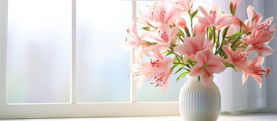 Alstroemeria flowers on windowsill with vase - obrazy, fototapety, plakaty
