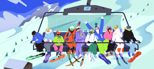 Ski elevator with different people. Men and women with snowboard lift to mountain on cableway, skier spend vacation in winter resort, girls and boys travel, sport lifestyle. Flat vector illustration