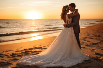 Fototapeta na wymiar Love and Romance with Couple Hugging on Beach