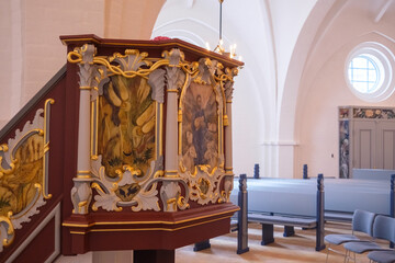 Small pulpit in a Danish Protestant church.