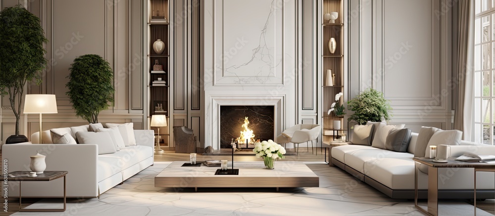 Poster depiction of a contemporary living room design in modern classics style shown without textures and s