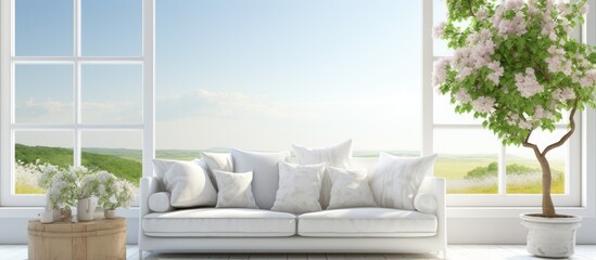 Scandinavian interior design Sofa in white living room with window showing summer landscape illustration