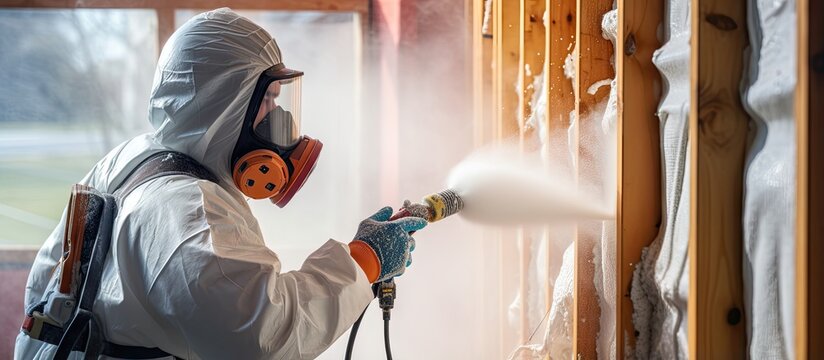 Man worker using plural component gun to spray polyurethane foam inside wooden frame house for insulation