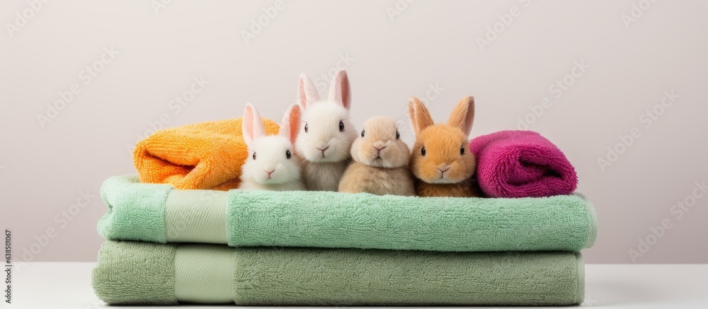 Poster close up of various colored towels and a rabbit isolated on a white background with hygiene items ne
