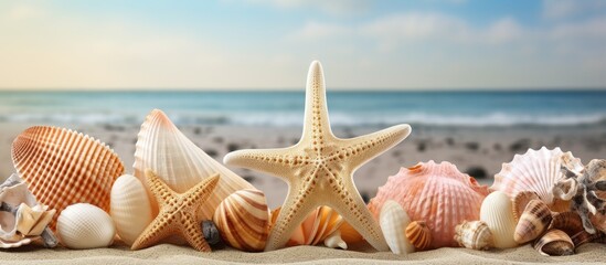 Fototapeta na wymiar Display of seashells and starfish in coastal vacation home