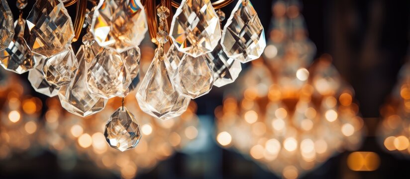 Chandelier crystal light closeup on ceiling