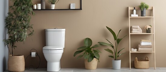 Restroom with beige wall toilet bowl shelving unit and houseplant nearby