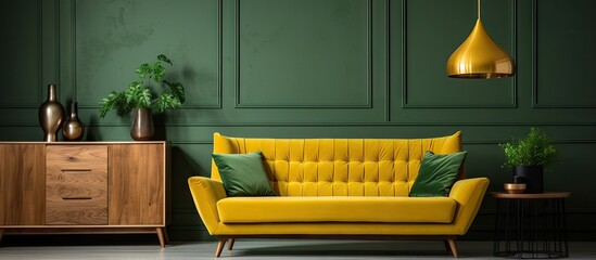 Mustard colored wooden couch and green chair in a comfy living room