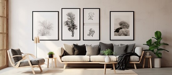 Minimalist living room with pastel black and metallic silver color 8 frames on the wall furnishings and plants ing poster gallery wall
