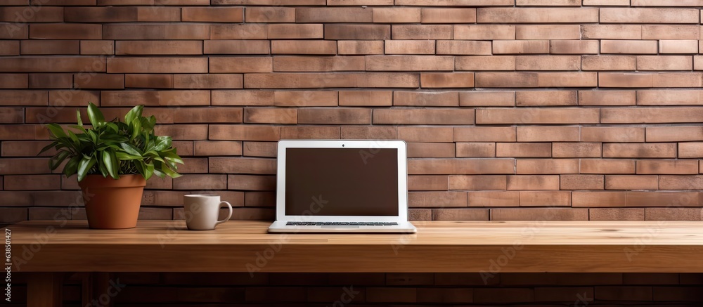 Poster beautiful interior of a house with a computer on a wooden table and a brick wall background
