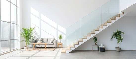 Modern house with white walls has a spacious room with a stairway that leads to a glass door living room