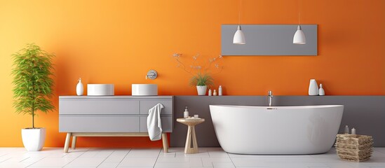 Naklejka na ściany i meble Contemporary bathroom design with bright orange color scheme