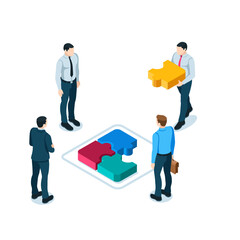 isometric man carries a puzzle piece in color on a white background, teamwork on a single project or achieving a joint goal