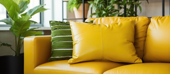 Modern living room with leather sofa featuring yellow and green pillows