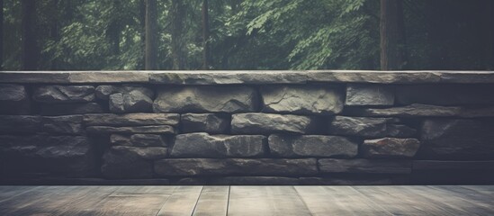 Vintage style wood terrace with natural color stone wall texture background