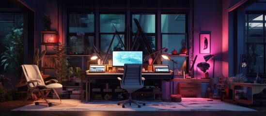 Obraz na płótnie Canvas Nighttime studio with cozy style and RGB lighting creates a warm romantic atmosphere and includes work ready equipment