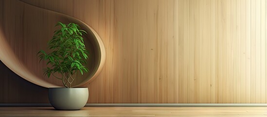 Wooden walled interior with a tiny green tree in a pod offering empty area for text